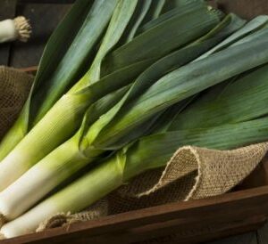 Poireaux dans un bac à légumes en bois